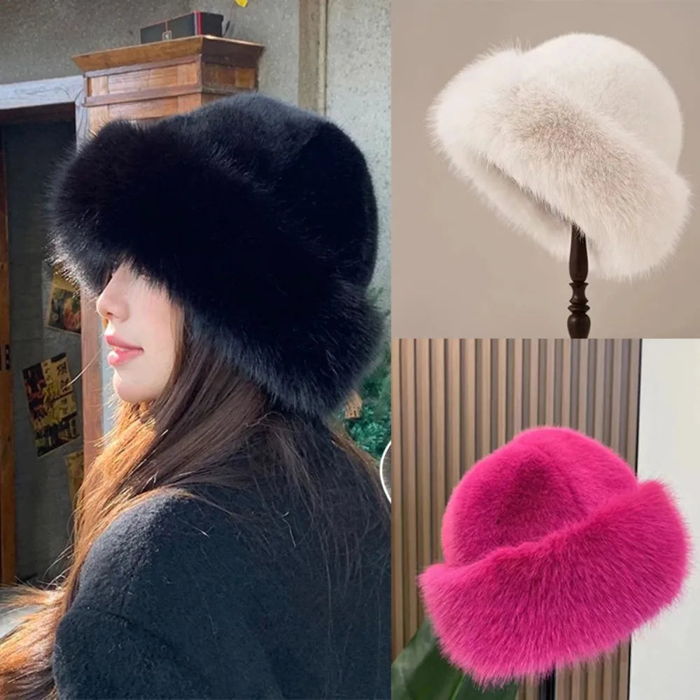 New Warm Fluffy Fur Bucket Hat Thicken Snowy Day Panama Cap Cold Ear Protection Plush Fisherman Hat Women