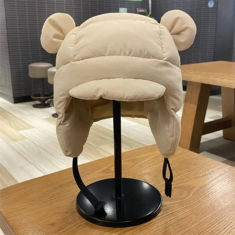 Ins New Cute Bear Ears Padded Bomber Hats for Women Autumn Winter Outdoor Warm Casual Versatile Retro Pilot Caps for Men New