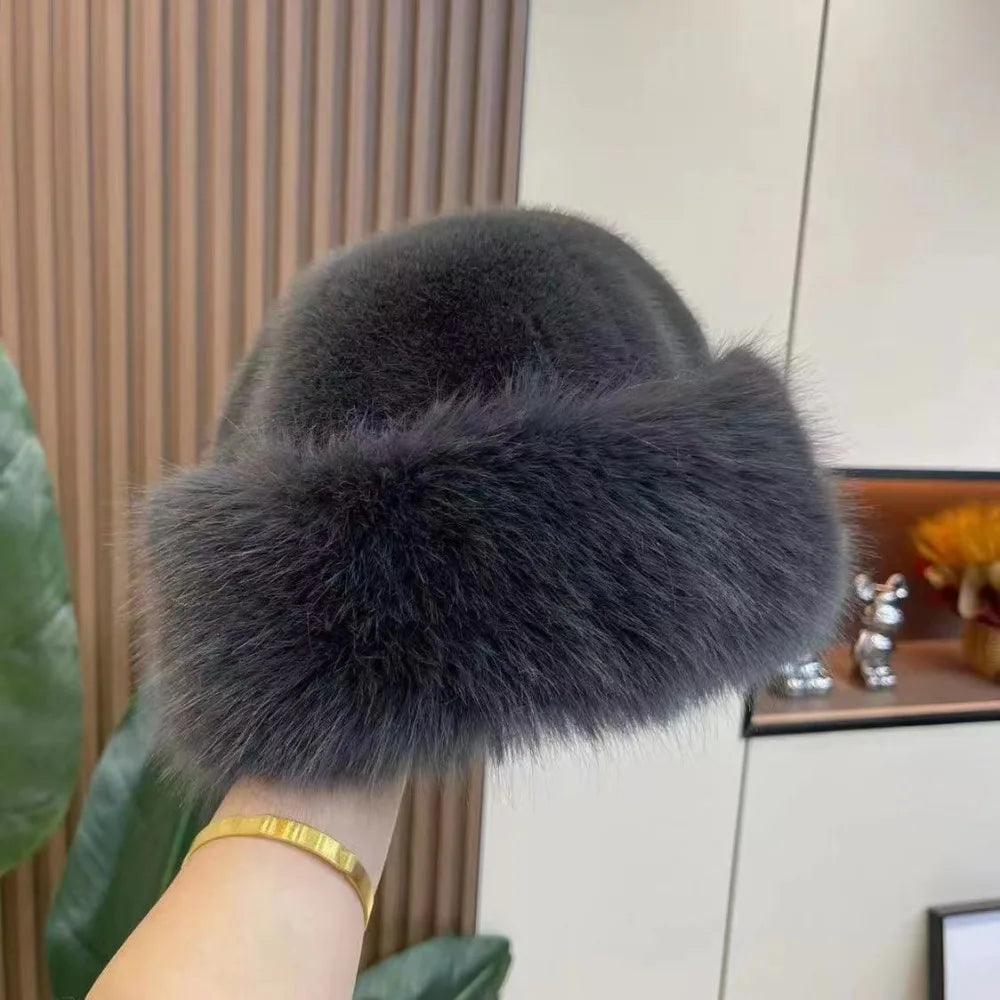 New Warm Fluffy Fur Bucket Hat Thicken Snowy Day Panama Cap Cold Ear Protection Plush Fisherman Hat Women