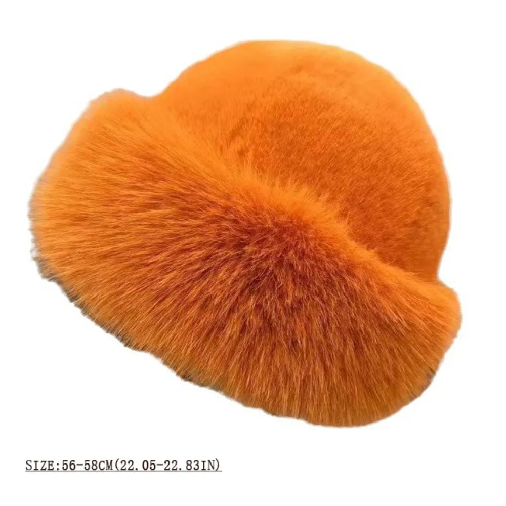 New Warm Fluffy Fur Bucket Hat Thicken Snowy Day Panama Cap Cold Ear Protection Plush Fisherman Hat Women