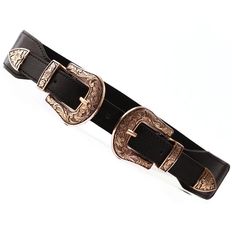 Personalized versatile black belt for women new style double buckle design high-end niche belt trend