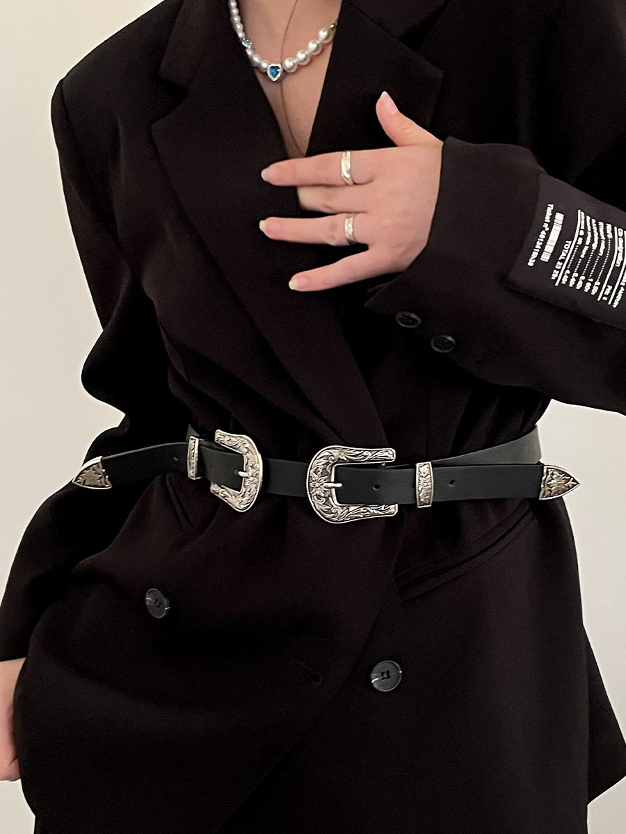 Personalized versatile black belt for women new style double buckle design high-end niche belt trend