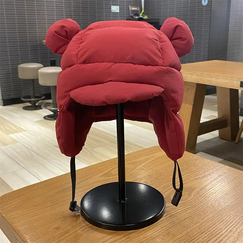 Ins New Cute Bear Ears Padded Bomber Hats for Women Autumn Winter Outdoor Warm Casual Versatile Retro Pilot Caps for Men New