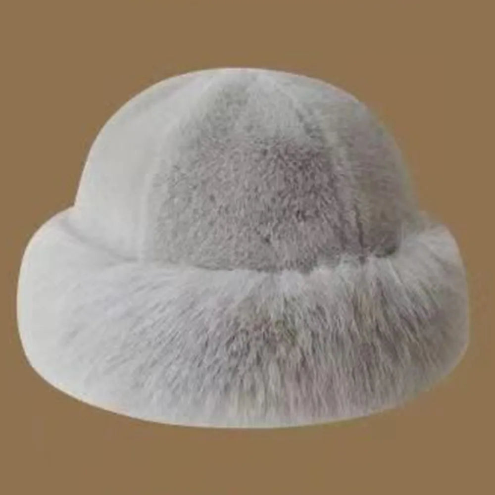 New Warm Fluffy Fur Bucket Hat Thicken Snowy Day Panama Cap Cold Ear Protection Plush Fisherman Hat Women