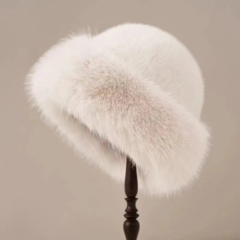 New Warm Fluffy Fur Bucket Hat Thicken Snowy Day Panama Cap Cold Ear Protection Plush Fisherman Hat Women