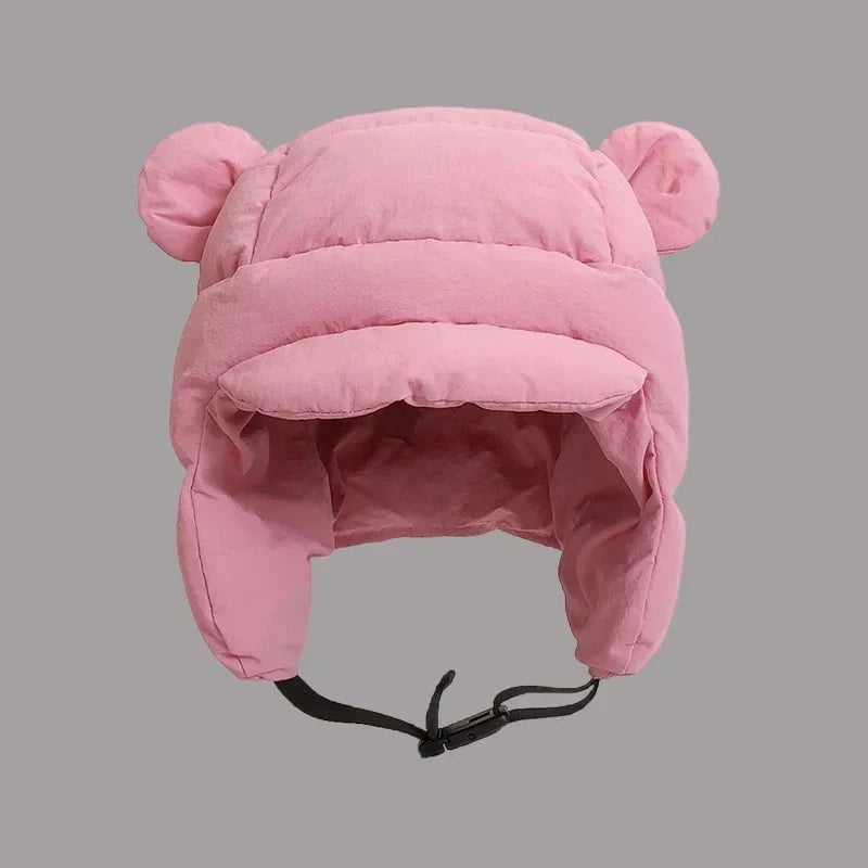 Ins New Cute Bear Ears Padded Bomber Hats for Women Autumn Winter Outdoor Warm Casual Versatile Retro Pilot Caps for Men New