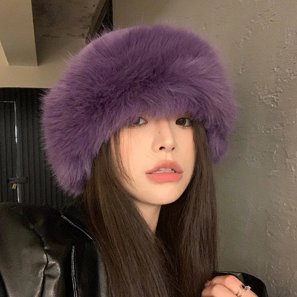 New Warm Fluffy Fur Bucket Hat Thicken Snowy Day Panama Cap Cold Ear Protection Plush Fisherman Hat Women