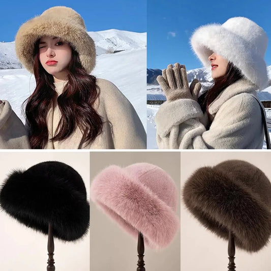 New Warm Fluffy Fur Bucket Hat Thicken Snowy Day Panama Cap Cold Ear Protection Plush Fisherman Hat Women