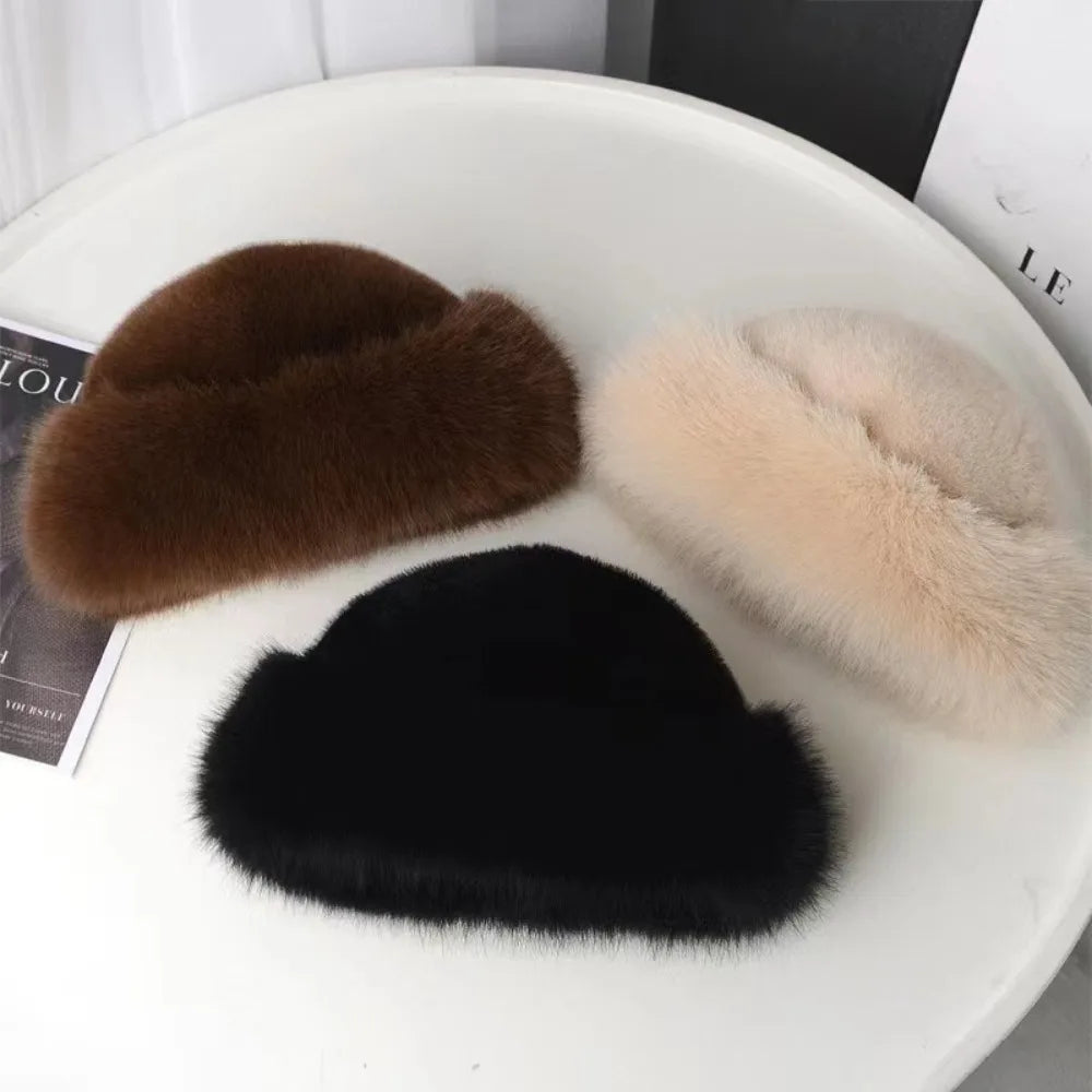 New Warm Fluffy Fur Bucket Hat Thicken Snowy Day Panama Cap Cold Ear Protection Plush Fisherman Hat Women