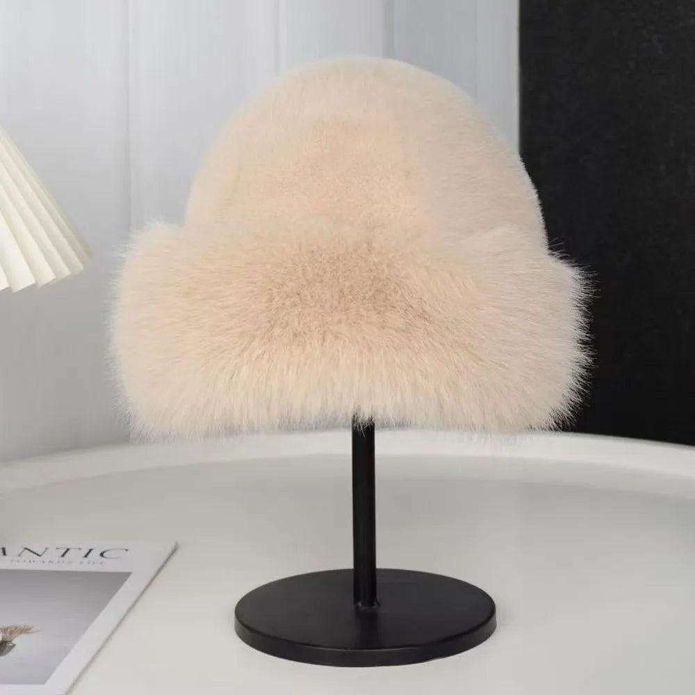 New Warm Fluffy Fur Bucket Hat Thicken Snowy Day Panama Cap Cold Ear Protection Plush Fisherman Hat Women