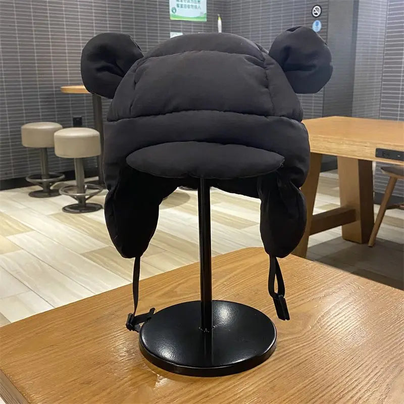 Ins New Cute Bear Ears Padded Bomber Hats for Women Autumn Winter Outdoor Warm Casual Versatile Retro Pilot Caps for Men New