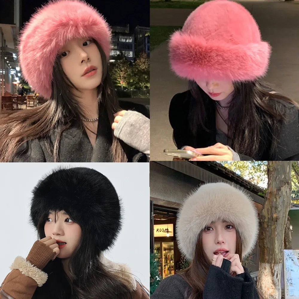 New Warm Fluffy Fur Bucket Hat Thicken Snowy Day Panama Cap Cold Ear Protection Plush Fisherman Hat Women