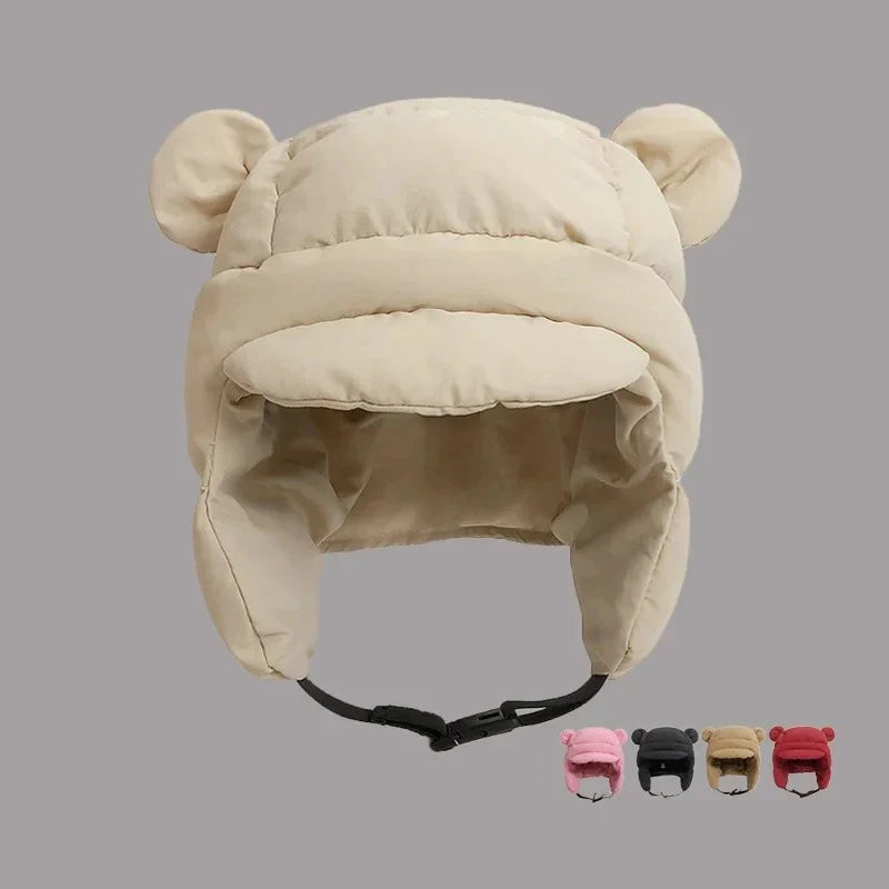 Ins New Cute Bear Ears Padded Bomber Hats for Women Autumn Winter Outdoor Warm Casual Versatile Retro Pilot Caps for Men New