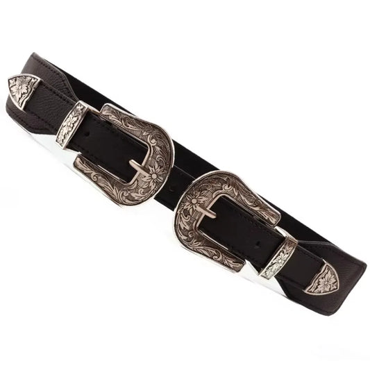 Personalized versatile black belt for women new style double buckle design high-end niche belt trend